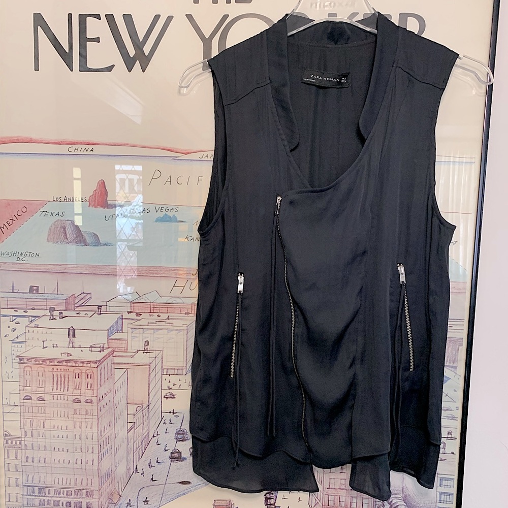 Zara black satin moto vest with zipper detail, layers, lightweight size S